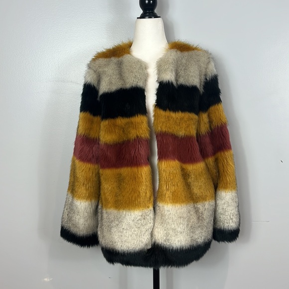 Zara Basic Outerwear Faux Fur Gold, Grey, Black & Wine Striped Jacket - Picture 6 of 17
